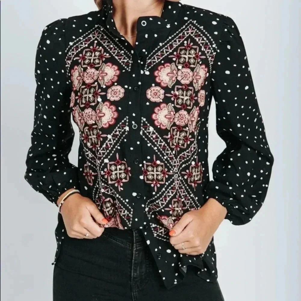 Piper and Scoot Janae Spotted Embroidered Blouse in Black